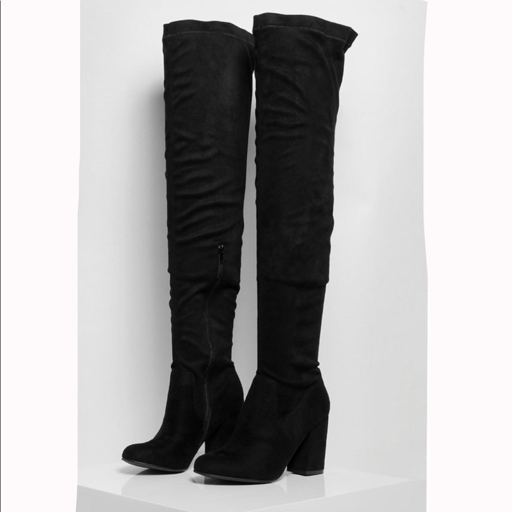 BOOHOO WIDE CALF thigh high black heel boots